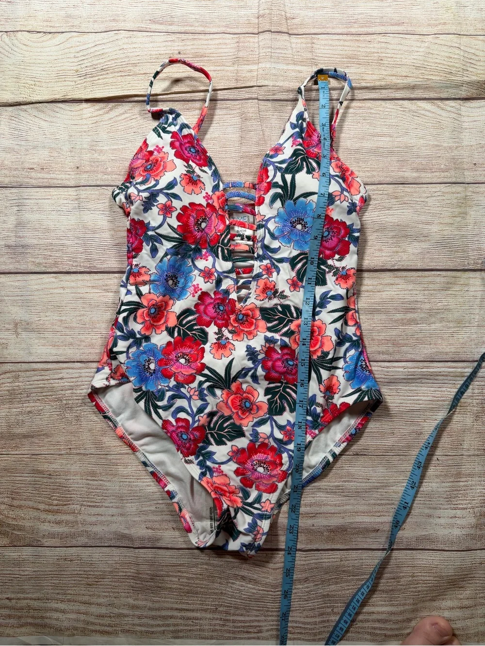 NWOT Floral One-Piece Swimsuit Ladder Front in White,‎ Pink & Blue